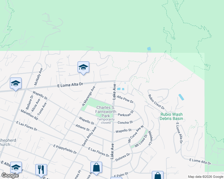 map of restaurants, bars, coffee shops, grocery stores, and more near 3331 Lake Avenue in Altadena