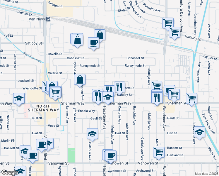 map of restaurants, bars, coffee shops, grocery stores, and more near 15266 West Wyandotte Street in Los Angeles