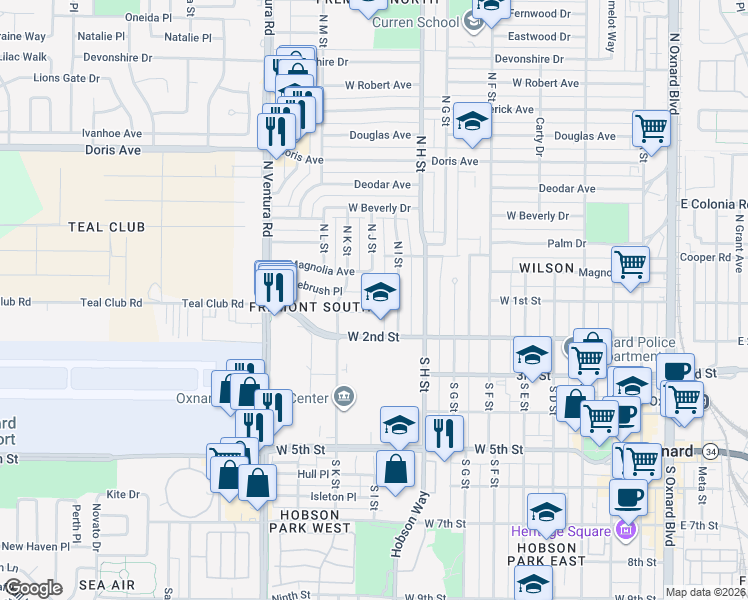 map of restaurants, bars, coffee shops, grocery stores, and more near 1110 Bottlebrush Place in Oxnard