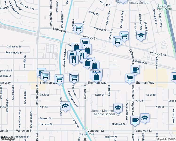 map of restaurants, bars, coffee shops, grocery stores, and more near 7300 Fulton Avenue in Los Angeles