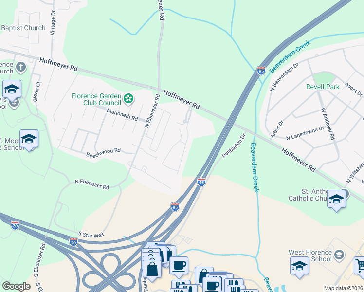 map of restaurants, bars, coffee shops, grocery stores, and more near 447 Sterling Drive in Florence