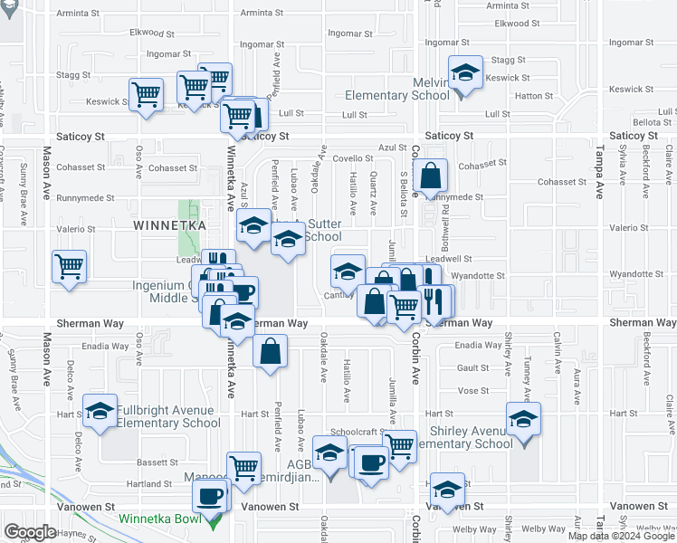 map of restaurants, bars, coffee shops, grocery stores, and more near 7300 Madora Avenue in Los Angeles