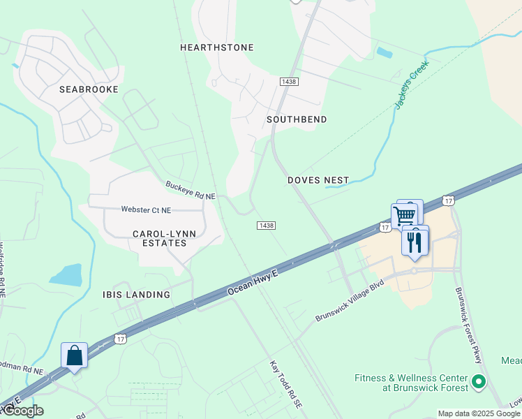 map of restaurants, bars, coffee shops, grocery stores, and more near 100-136 Buckeye Road Northeast in Leland