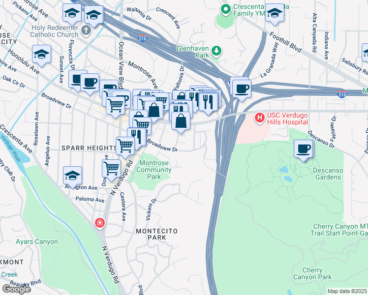 map of restaurants, bars, coffee shops, grocery stores, and more near 2219 Broadview Dr in Glendale