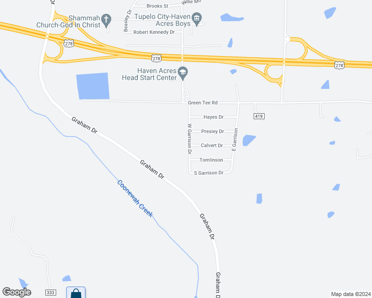 map of restaurants, bars, coffee shops, grocery stores, and more near 152 West Garrison Drive in Tupelo