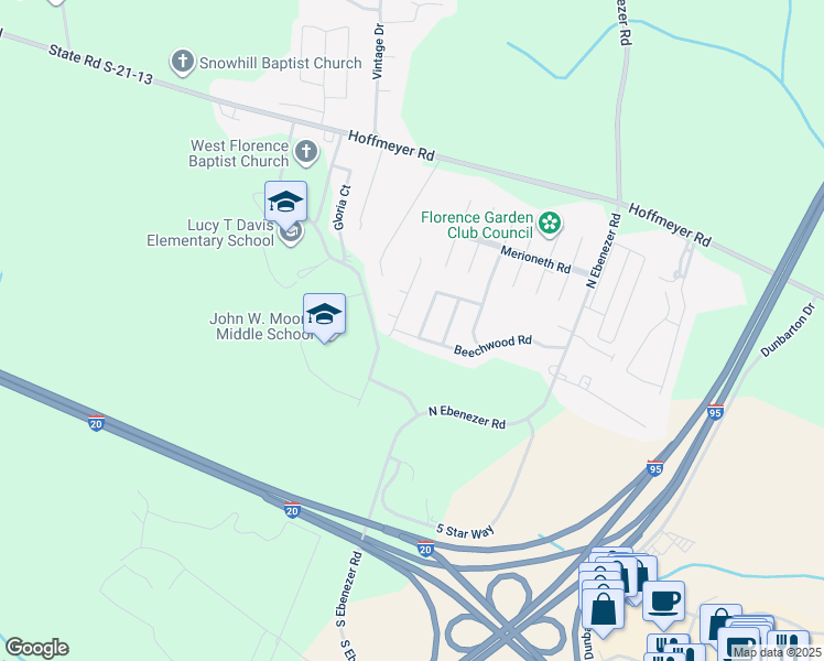 map of restaurants, bars, coffee shops, grocery stores, and more near 317 Bayberry Circle in Florence
