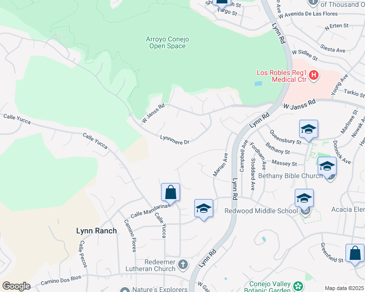 map of restaurants, bars, coffee shops, grocery stores, and more near 740 Lynnmere Drive in Thousand Oaks