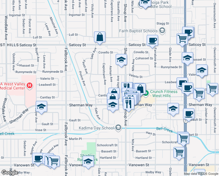 map of restaurants, bars, coffee shops, grocery stores, and more near in Bell Canyon