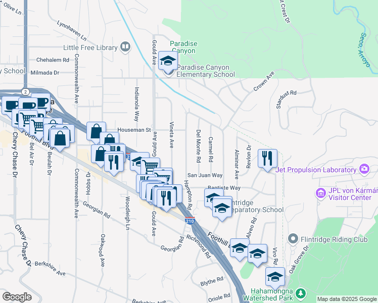 map of restaurants, bars, coffee shops, grocery stores, and more near 4808 Hampton Road in La Cañada Flintridge