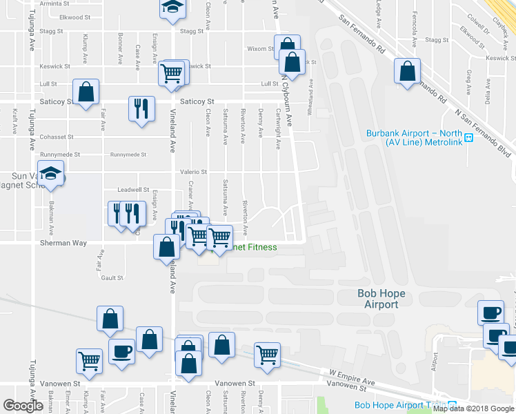map of restaurants, bars, coffee shops, grocery stores, and more near 10733 Cantlay Street in Los Angeles