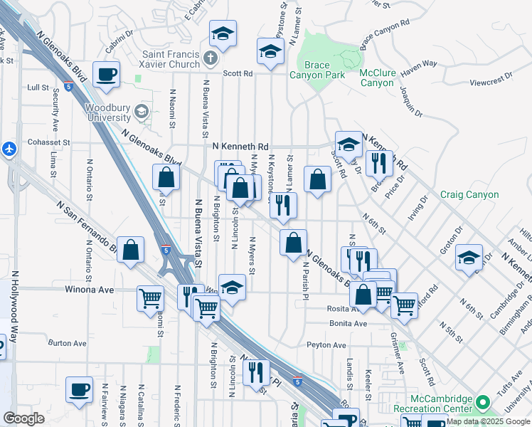 map of restaurants, bars, coffee shops, grocery stores, and more near 2505 North Keystone Street in Burbank