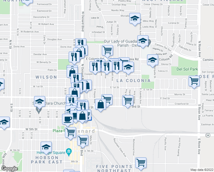 map of restaurants, bars, coffee shops, grocery stores, and more near 501 East 1st Street in Oxnard