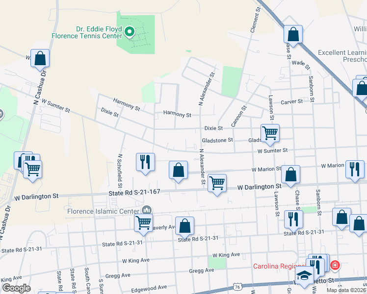map of restaurants, bars, coffee shops, grocery stores, and more near 1021 West Sumter Street in Florence