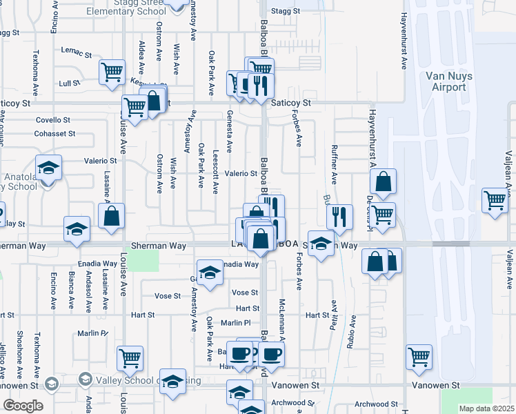 map of restaurants, bars, coffee shops, grocery stores, and more near 7259 Balboa Boulevard in Los Angeles