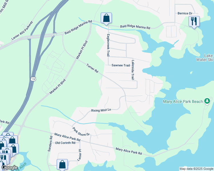 map of restaurants, bars, coffee shops, grocery stores, and more near 2950 Goldmine Road in Cumming