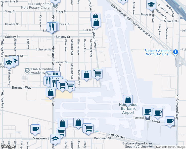 map of restaurants, bars, coffee shops, grocery stores, and more near 10675 Sherman Place in Los Angeles