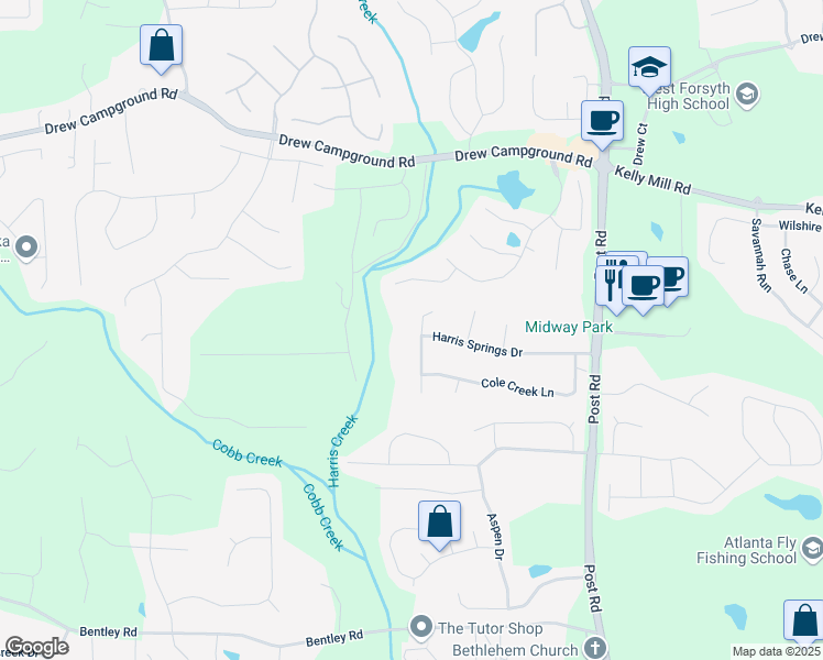 map of restaurants, bars, coffee shops, grocery stores, and more near 5605 Copper Creek Pass in Cumming