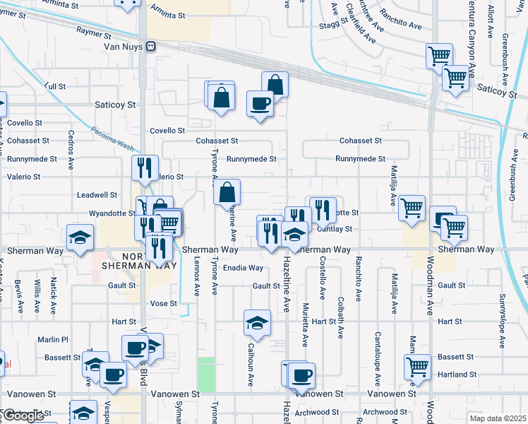 map of restaurants, bars, coffee shops, grocery stores, and more near 14136 Wyandotte Street in Los Angeles