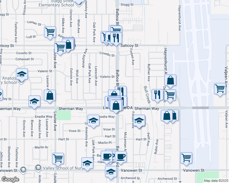 map of restaurants, bars, coffee shops, grocery stores, and more near 7301 Balboa Boulevard in Los Angeles