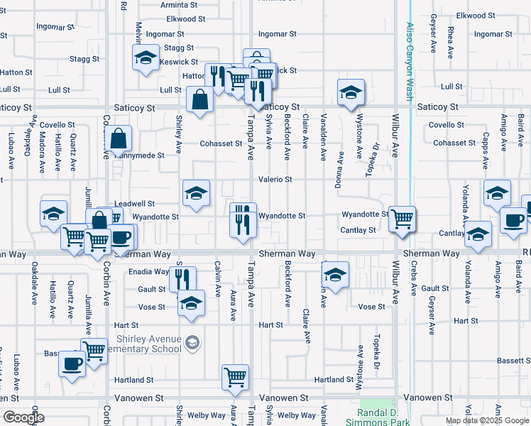 map of restaurants, bars, coffee shops, grocery stores, and more near 7303 Sylvia Avenue in Los Angeles