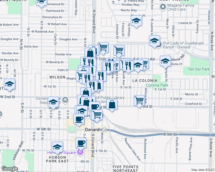 map of restaurants, bars, coffee shops, grocery stores, and more near 102 North Hayes Avenue in Oxnard