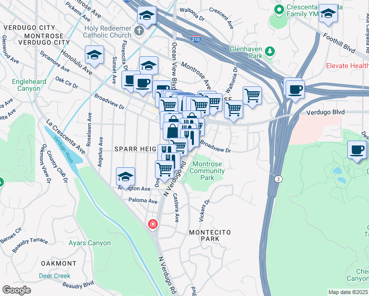 map of restaurants, bars, coffee shops, grocery stores, and more near 3507 North Verdugo Road in Glendale