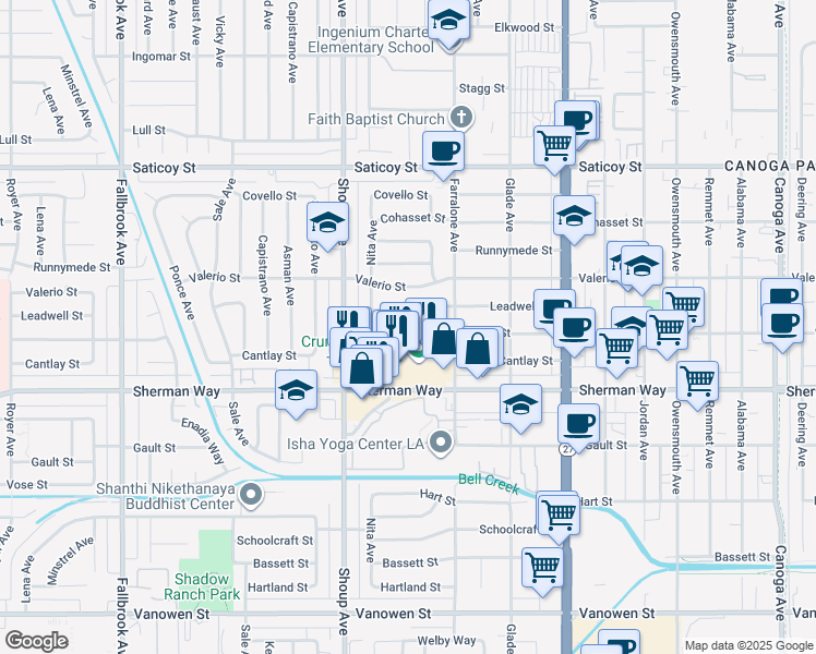 map of restaurants, bars, coffee shops, grocery stores, and more near 22301 Wyandotte Street in Los Angeles