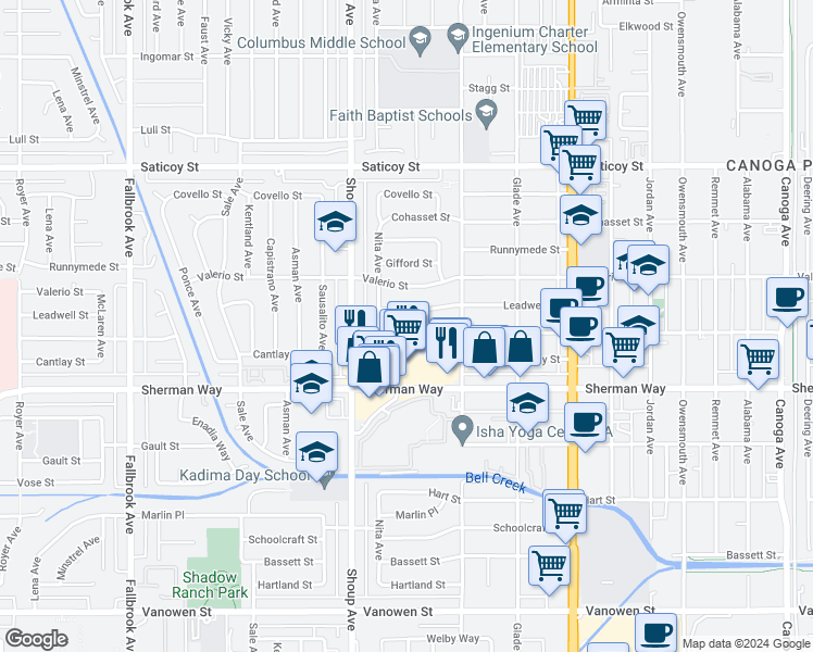 map of restaurants, bars, coffee shops, grocery stores, and more near 22301 Wyandotte Street in Los Angeles
