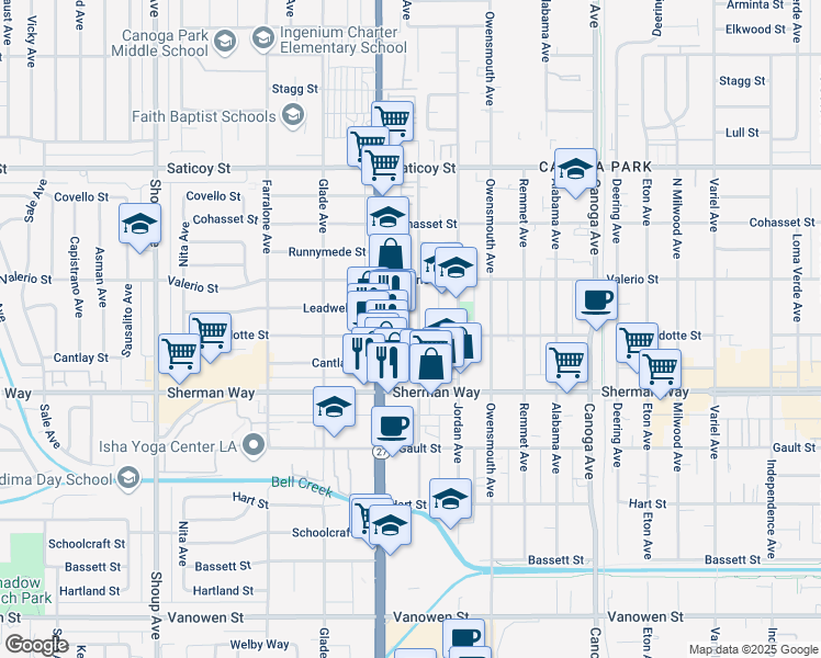 map of restaurants, bars, coffee shops, grocery stores, and more near 21915 Wyandotte Street in Los Angeles