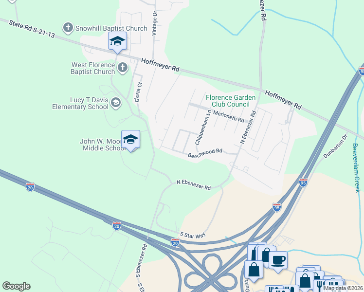 map of restaurants, bars, coffee shops, grocery stores, and more near 321 Windover Road in Florence