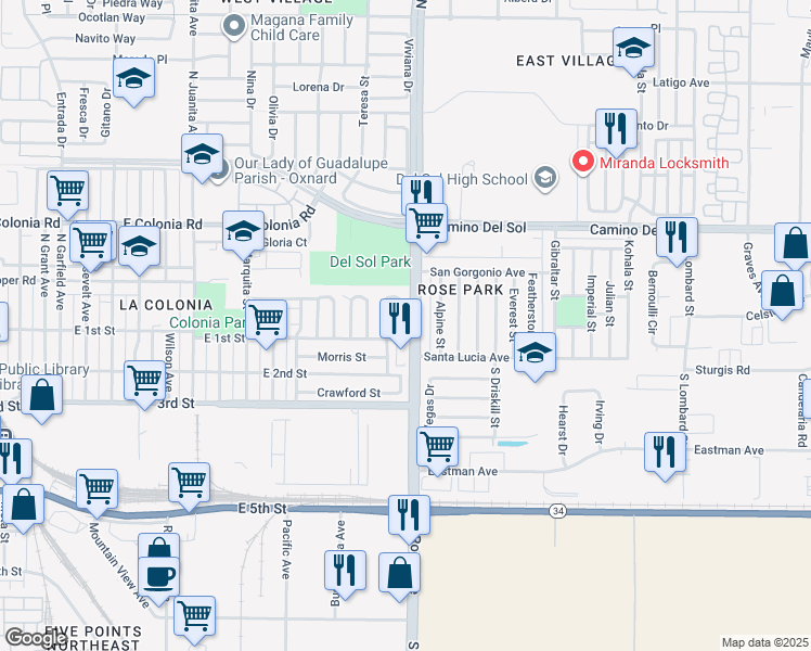map of restaurants, bars, coffee shops, grocery stores, and more near 159 Eliza Court in Oxnard