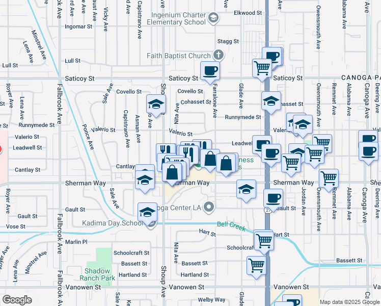 map of restaurants, bars, coffee shops, grocery stores, and more near 22301 Wyandotte Street in Los Angeles