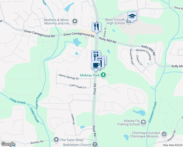 map of restaurants, bars, coffee shops, grocery stores, and more near 5094 Post Road in Cumming