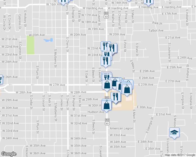 map of restaurants, bars, coffee shops, grocery stores, and more near 610 West 26th Avenue in Pine Bluff