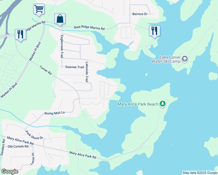 map of restaurants, bars, coffee shops, grocery stores, and more near 2555 Chattahoochee Lane in Cumming