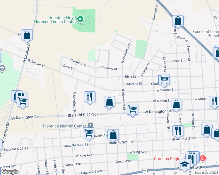 map of restaurants, bars, coffee shops, grocery stores, and more near 1021 West Sumter Street in Florence