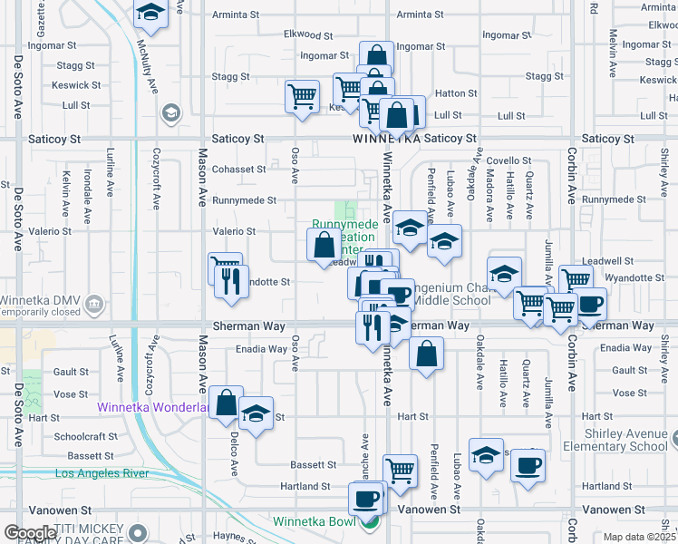 map of restaurants, bars, coffee shops, grocery stores, and more near 20200 Leadwell Street in Los Angeles