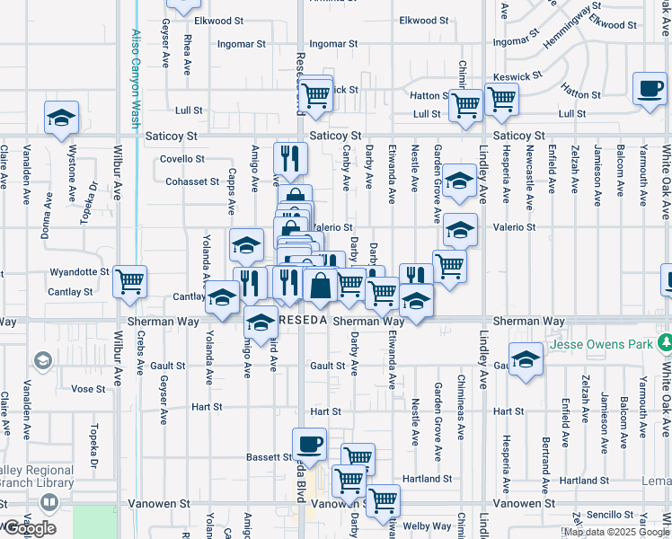 map of restaurants, bars, coffee shops, grocery stores, and more near 7304 Canby Avenue in Los Angeles