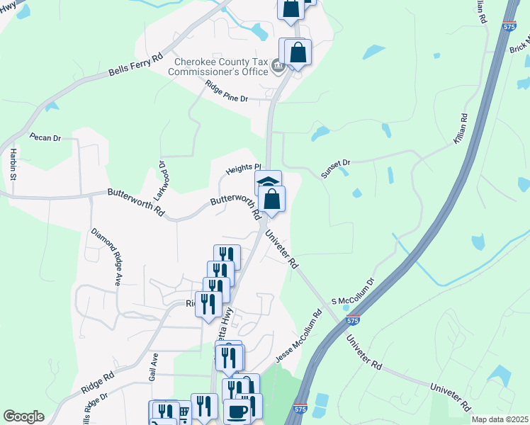 map of restaurants, bars, coffee shops, grocery stores, and more near 3350 Marietta Highway in Canton