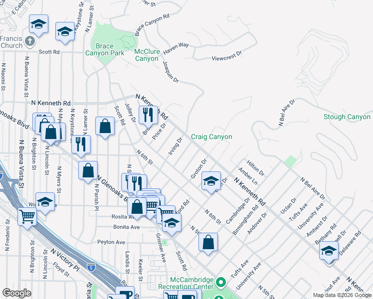 map of restaurants, bars, coffee shops, grocery stores, and more near 737 Stephen Road in Burbank