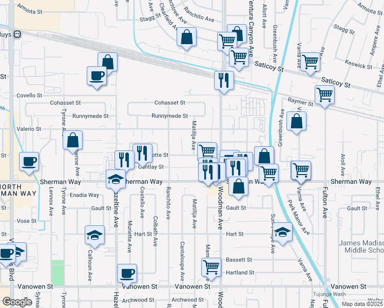 map of restaurants, bars, coffee shops, grocery stores, and more near 13808 Wyandotte Street in Los Angeles