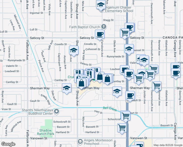 map of restaurants, bars, coffee shops, grocery stores, and more near 22301 Wyandotte Street in Los Angeles