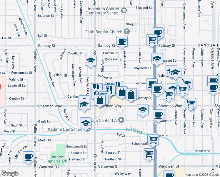 map of restaurants, bars, coffee shops, grocery stores, and more near 22301 Wyandotte Street in Los Angeles