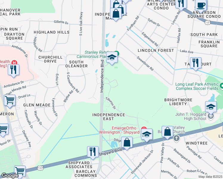 map of restaurants, bars, coffee shops, grocery stores, and more near 2956 Midtown Way in Wilmington