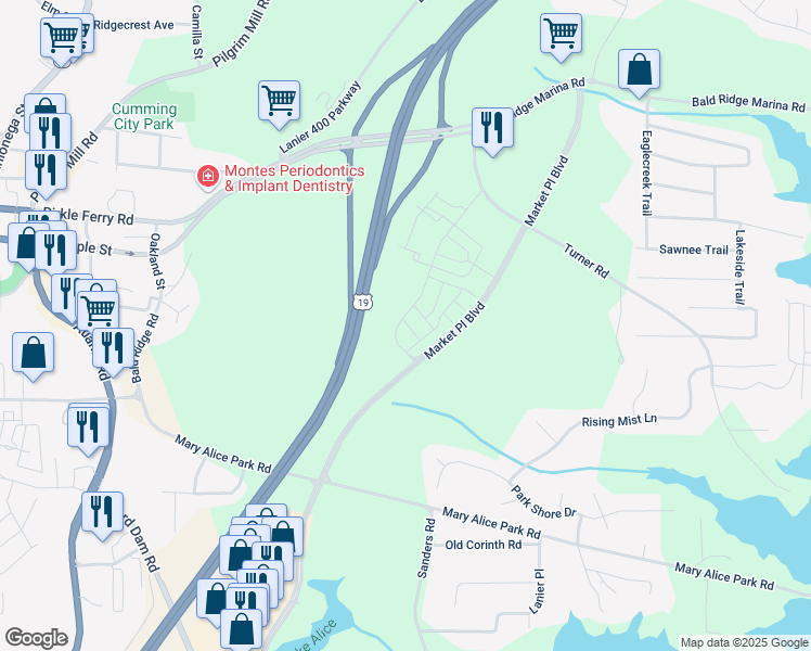 map of restaurants, bars, coffee shops, grocery stores, and more near 1245 Winterhaven Drive in Cumming