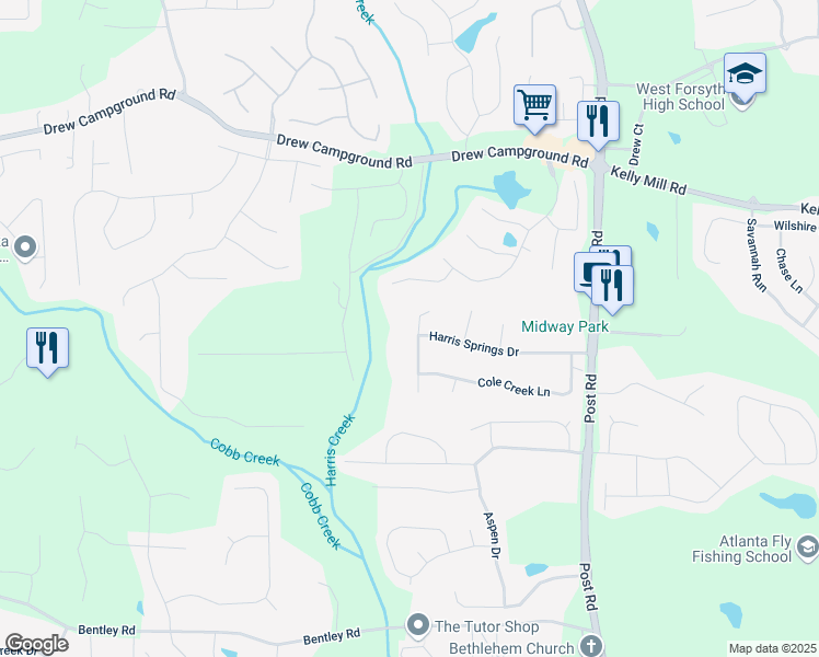 map of restaurants, bars, coffee shops, grocery stores, and more near 5605 Copper Creek Pass in Cumming