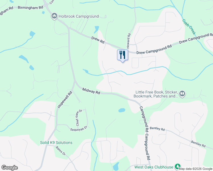 map of restaurants, bars, coffee shops, grocery stores, and more near 7820 Midway Road in Alpharetta