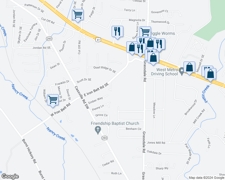 map of restaurants, bars, coffee shops, grocery stores, and more near 404 Iron Belt Court in Cartersville