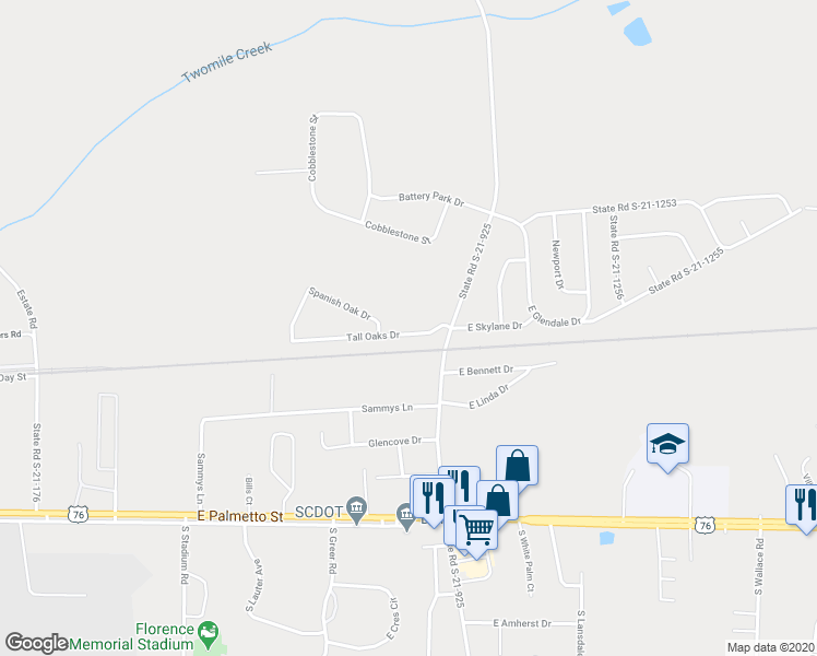 map of restaurants, bars, coffee shops, grocery stores, and more near 3163 Tall Oaks Drive in Florence