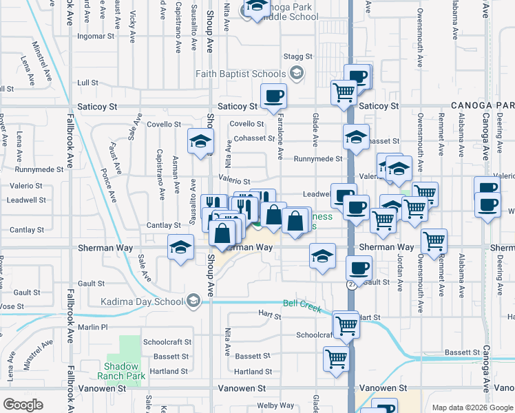 map of restaurants, bars, coffee shops, grocery stores, and more near 22241 Wyandotte Street in Los Angeles